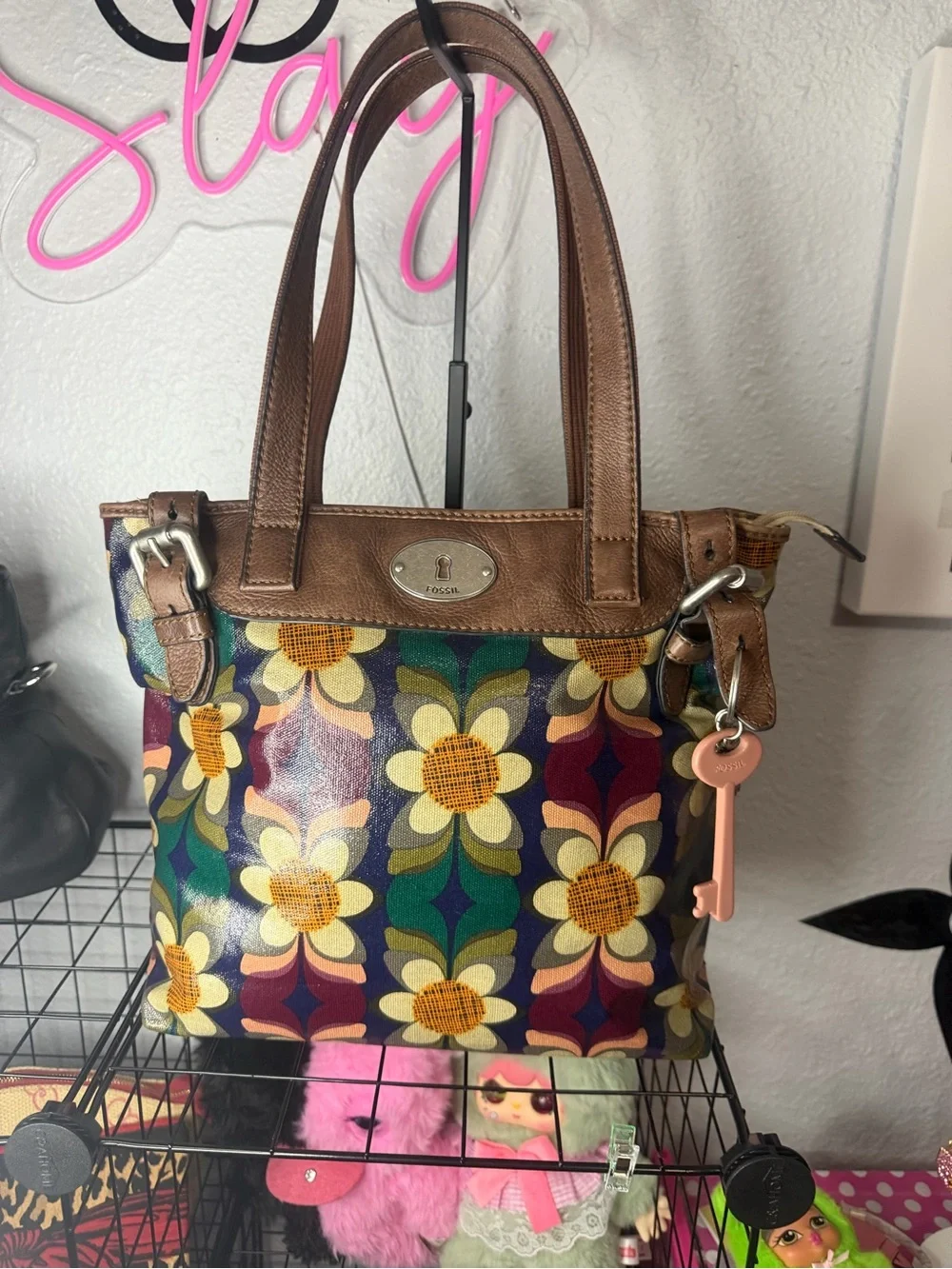Fossil Key-Per Floral Coated Canvas Tote Purse Vintage Y2K Boho Handbag